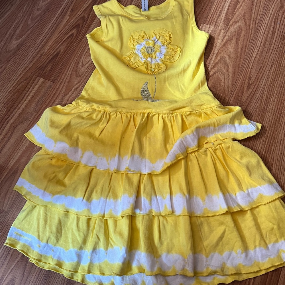 Mignon Yellow Tiered Kids Dress with Floral Accent